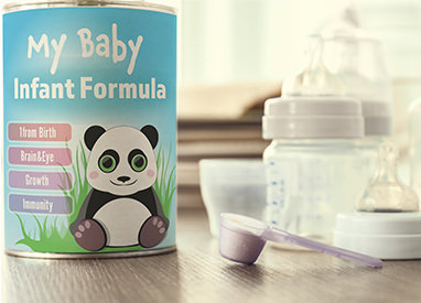 Canister of baby formula and bottles